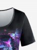 Plus Size Butterfly Cat Flower Print Glitter Short Sleeves T-shirt -  
