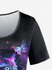 Plus Size Butterfly Cat Flower Print Glitter Short Sleeves T-shirt -  