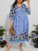 Plus Size Flower Leaf Print Chiffon Dress -  