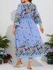 Plus Size Flower Leaf Print Chiffon Dress -  