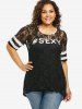 T-shirt Lettre Fleurie Imprimée en Dentelle de Grande Taille à Manches Courtes - Noir M | US 10