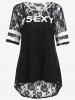 T-shirt Lettre Fleurie Imprimée en Dentelle de Grande Taille à Manches Courtes - Noir M | US 10