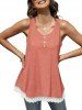 Mesh Panel Hem Heathered Mock Button Tank Top -  