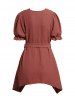 Contrast Lace Panel Swiss Dots V Neck Asymmetrical Hem Belted Long Blouse -  