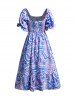 Robe Mi-Longue de Vacances Imprimée Epaule Dénudée à Manches Bouffantes à Volants - Bleu M