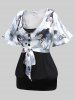 Plus Size Buckle Cami Top and Ink Painting Butterfly Print Tie Buttons T-shirt -  