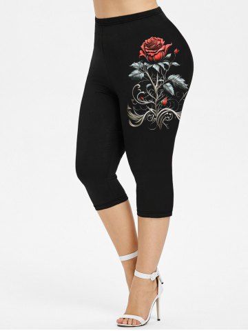 Plus Size Vintage Rose Leaves Print Capri Leggings - BLACK - 6X