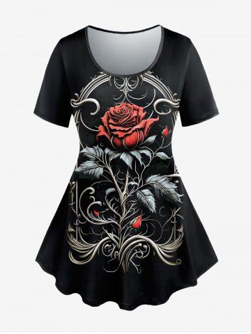 T-Shirt à Imprimé Feuilles et Roses Style Vintage Grande-Taille