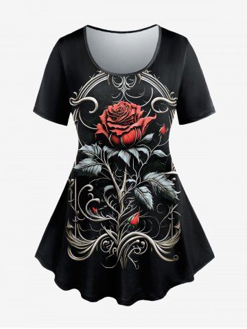 Plus Size Vintage Rose Leaves Print T-shirt