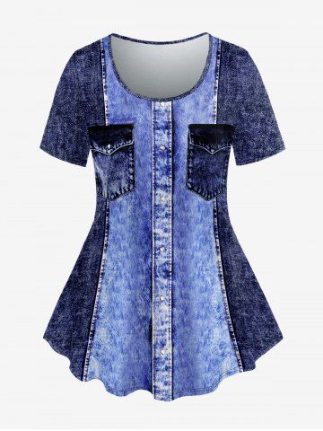 Plus Size 3D Pockets Buttons Denim Print T-shirt - BLUE - 5X