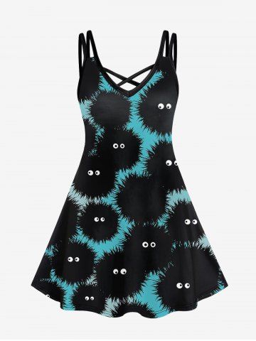 Gothic Sea ​​Urchin Cute Print Crisscross Strappy Cami Dress - GREEN - XS