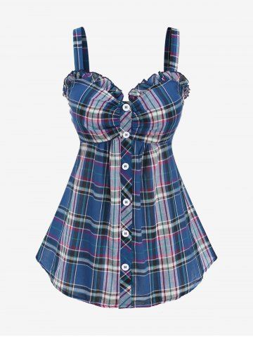 Plus Size Plaid Ruched Buttons Tank Top