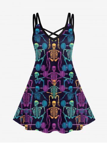 Gothic Skeleton Colorful Print Crisscross Strappy Cami Dress - BLACK - 5X