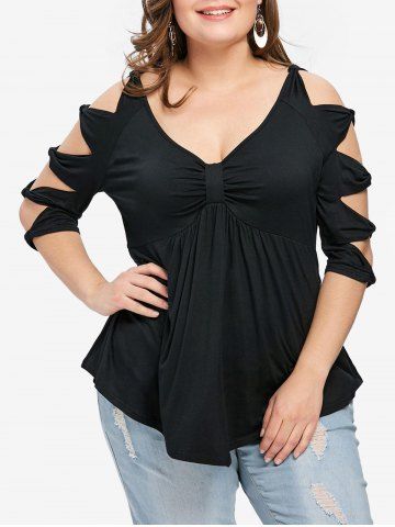 Plus Size Bowknot Tied Solid Color Ruched T-shirt - BLACK - L | US 12