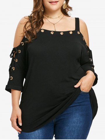 T-shirt Epaule Dénudée de Grande Taille à Lacets avec Œillets - BLACK - M | US 10