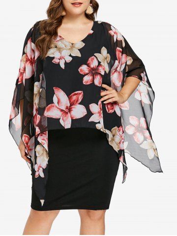 Plus Size Floral Print Chiffon Overlay Bodycon Dress - BLACK - L | US 12