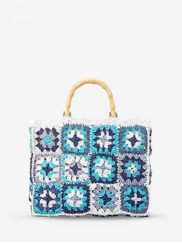 Women's Handmade Weave Random Flower Pattern Hollow Out Bamboo Joint Handle Vacation Beach Tote Bag (Random Color) - BLUE - REGULAR