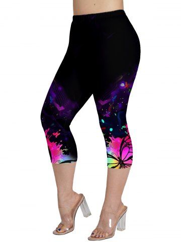 Legging Capri Moulant à Imprimé Papillon à Taille Elastique de Grande Taille - BLACK - L