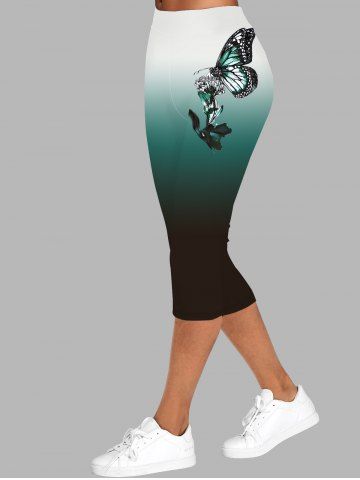 Legging Capri Décontracté à Imprimé 3D Papillon Ombre à Taille Elastique - DEEP GREEN - S