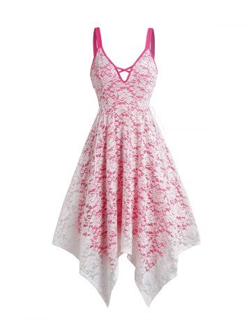 Colorblock Lace Overlay Handkerchief Lace Up Crisscross Casual Midi Dress - LIGHT PINK - S