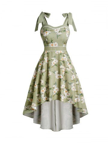 Daisy Print Tie Knot Shoulder High Low Vacation Dress - LIGHT GREEN - S