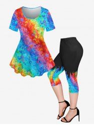 Plus Size Butterfly Colorblock Printed Short Sleeves T-shirt and Pocket Capri Leggings Outfit -  