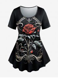 T-Shirt à Imprimé Feuilles et Roses Style Vintage Grande-Taille - Noir 3X