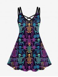 Gothic Skeleton Colorful Print Crisscross Strappy Cami Dress -  