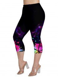 Plus Size Butterfly Print Elastic Waist Skinny Casual Capri Leggings -  