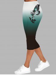 3D Butterfly Print Ombre Elastic Waist Casual Cropped Capri Leggings -  