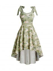 Daisy Print Tie Knot Shoulder High Low Vacation Dress -  