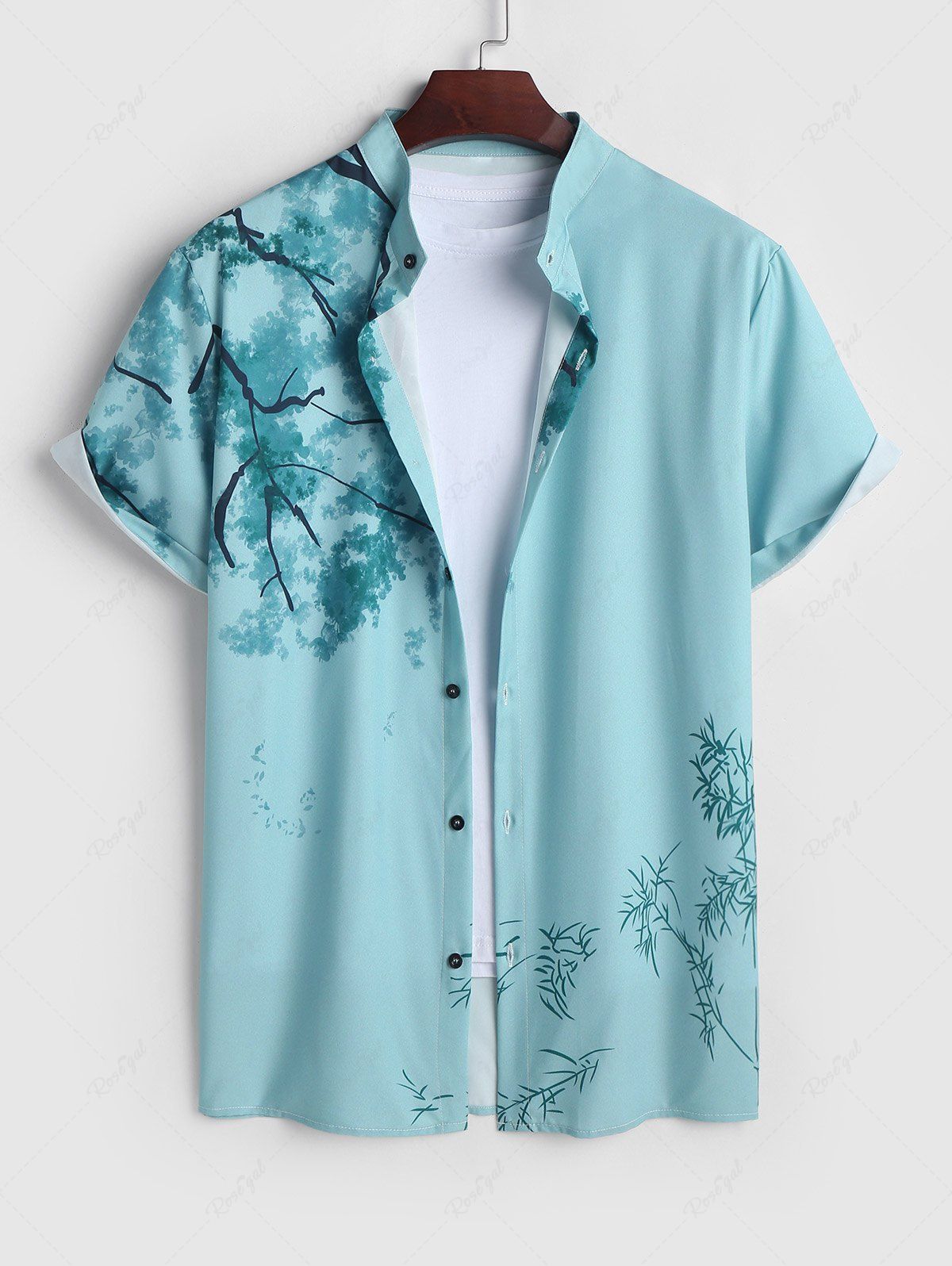 Latest Men's Chinese Ink Wash Painting Plant Pattern Button Front Short Sleeves Shirt  