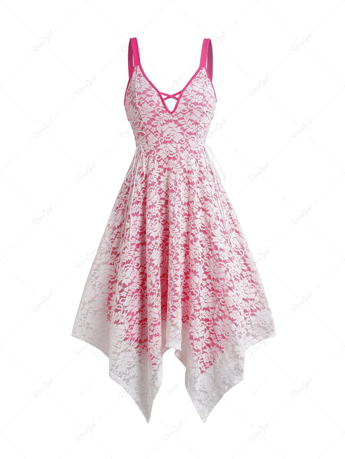 Shop Colorblock Lace Overlay Handkerchief Lace Up Crisscross Casual Midi Dress  