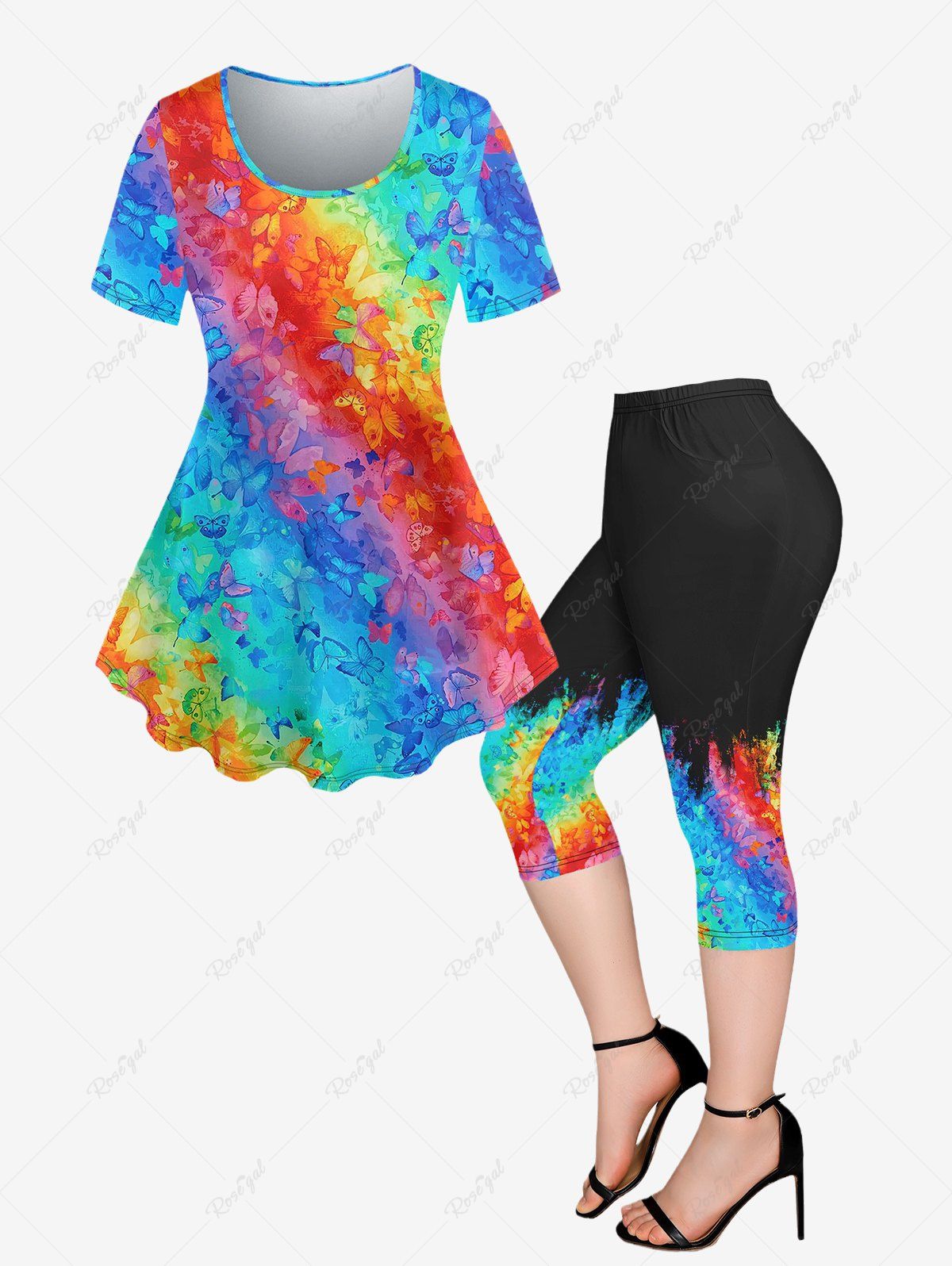Shops Plus Size Butterfly Colorblock Printed Short Sleeves T-shirt and Pocket Capri Leggings Outfit  