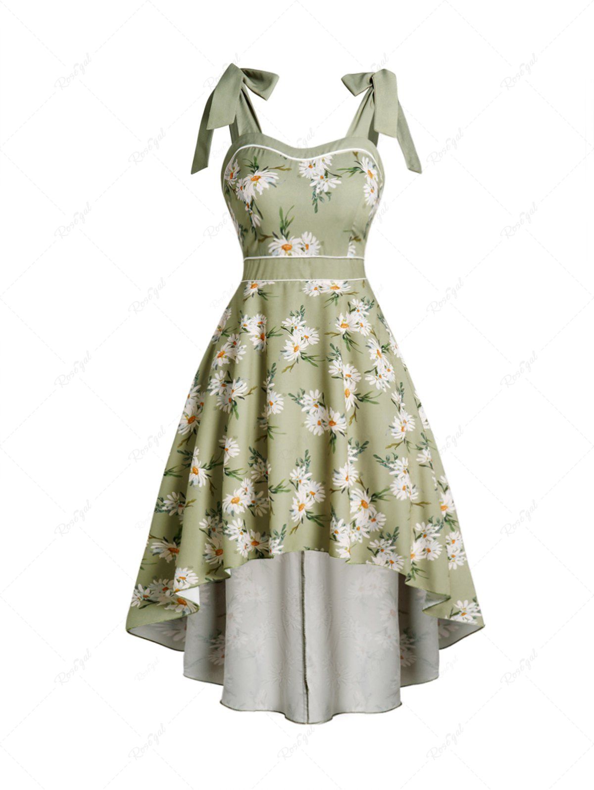 Unique Daisy Print Tie Knot Shoulder High Low Vacation Dress  
