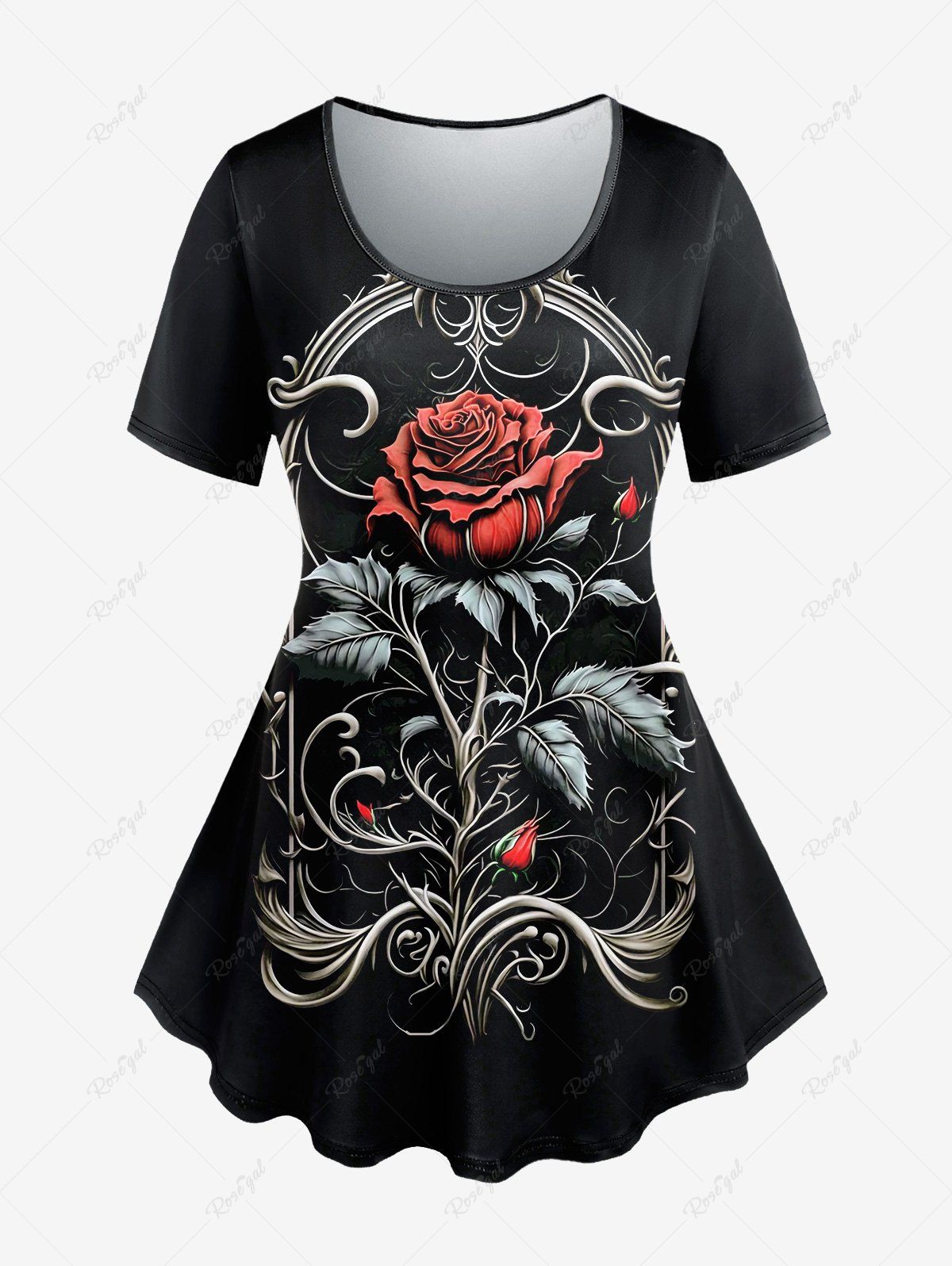 T-Shirt à Imprimé Feuilles et Roses Style Vintage Grande-Taille Noir 3X