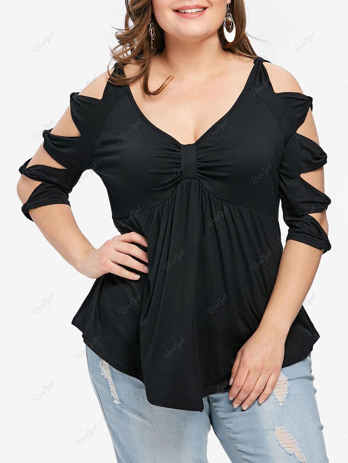 Outfits Plus Size Bowknot Tied Solid Color Ruched T-shirt  