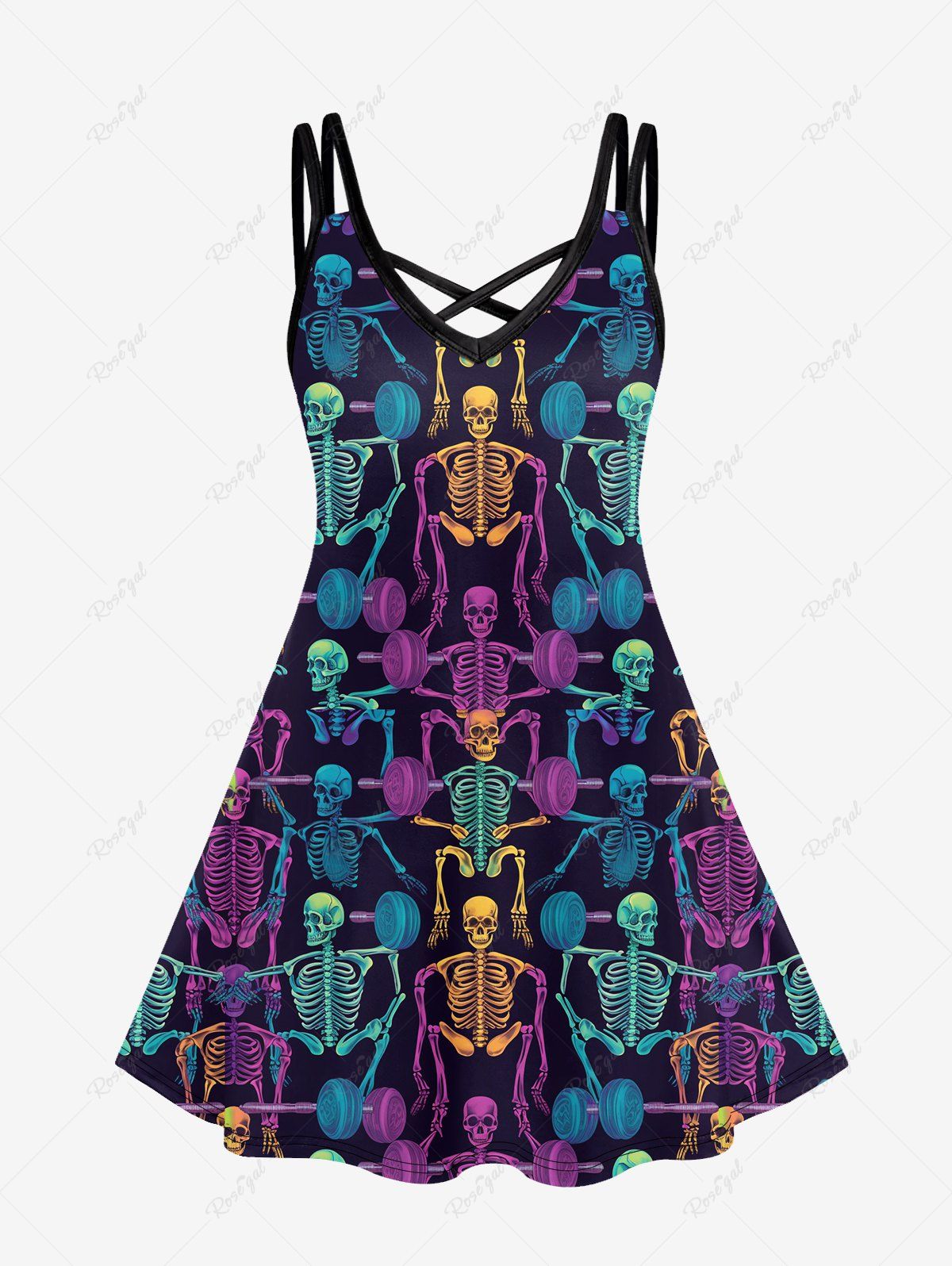 Trendy Gothic Skeleton Colorful Print Crisscross Strappy Cami Dress  