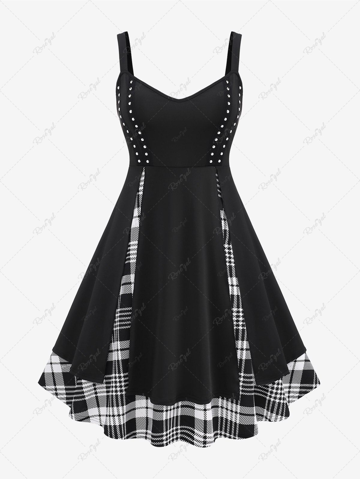 Outfit Plus Size Plaid Rivets Layer Tank Dress  