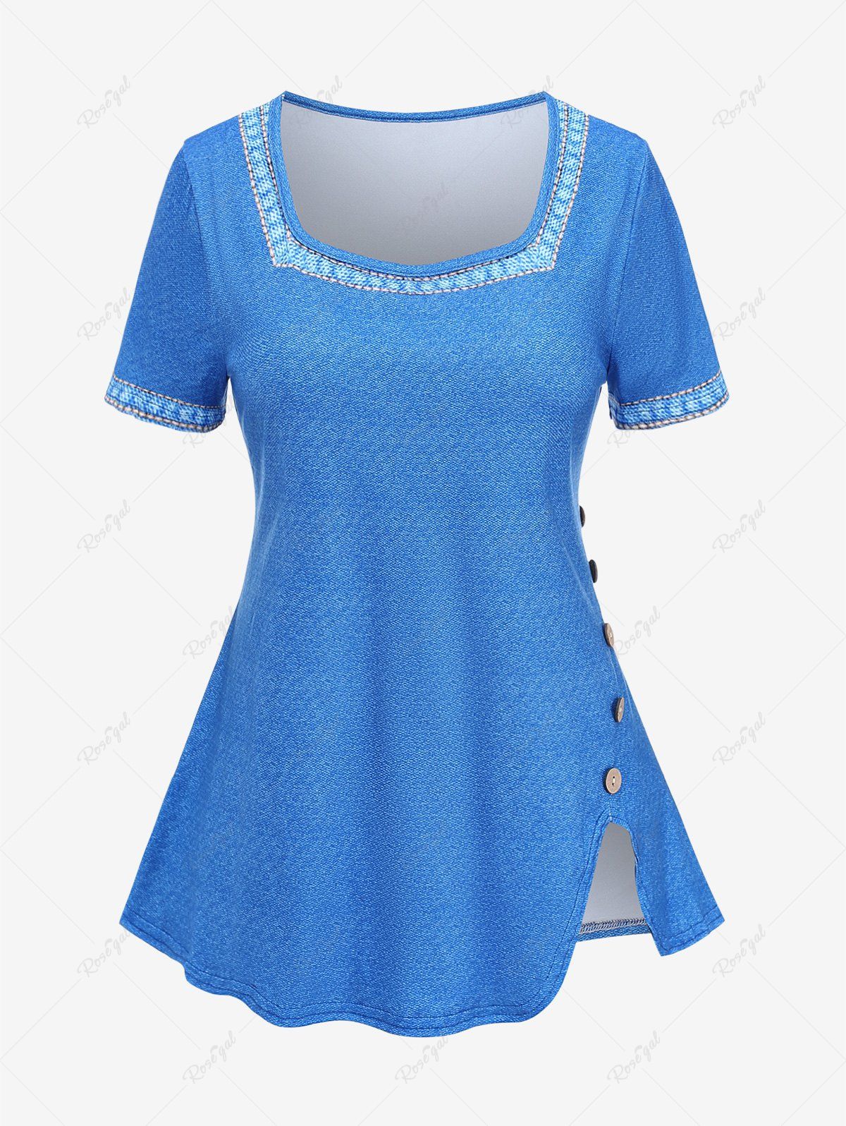T-shirt Fendu avec Bouton de Grande Taille en Gris Bleu L