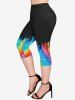 Plus Size Butterfly Colorblock Printed Short Sleeves T-shirt and Pocket Capri Leggings Outfit -  