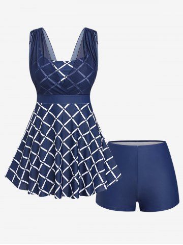Plaid Print Mesh Boyleg Tankini Swimsuit (Adjustable Shoulder Strap) - DEEP BLUE - 3X | US 22-24