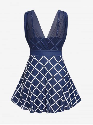 Plaid Print Mesh Boyleg Tankini Swimsuit (Adjustable Shoulder Strap)