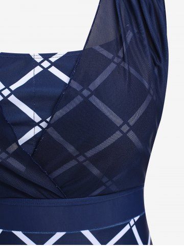 Plaid Print Mesh Boyleg Tankini Swimsuit (Adjustable Shoulder Strap)