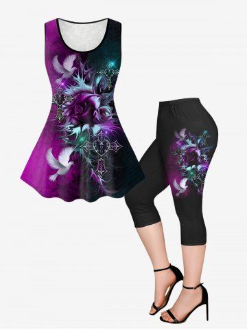Plus Size Lace Insert Flower Pigeon Cross Colorblock Printed Tank Top and Pockets Capri Leggings Outfit - BLACK
