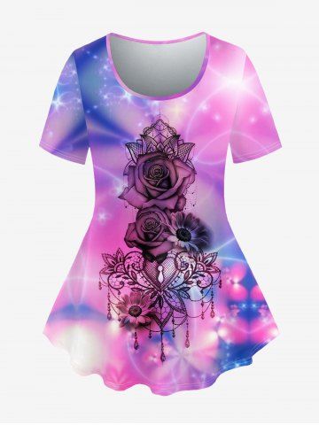 Plus Size Galaxy Glitter Flower Print T-shirt - LIGHT PINK - L