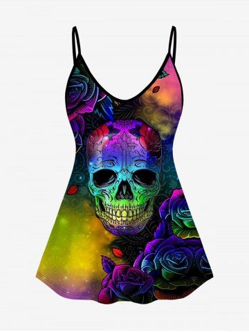 Plus Size Galaxy Skulls Flower Print Colorful Cami Top (Adjustable Shoulder Strap) - MULTI - L