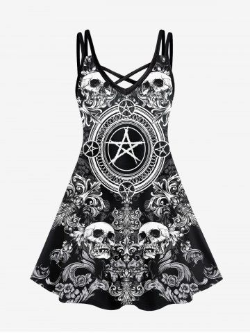 Gothic Skulls Galaxy Floral Print Crisscross Cami Dress - BLACK - L