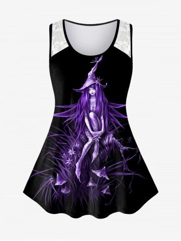 Halloween Plus Size Lace Witch Plant Print Tank Top - BLACK - M