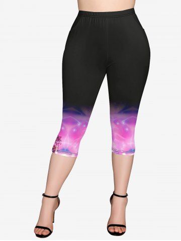 Plus Size Floral Print Ombre Pocket Capri Leggings